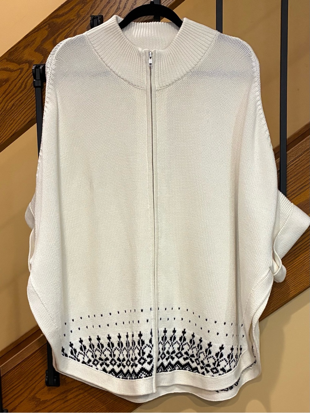 Talbot poncho Ruana Sweater Zip Mock Neck Fair Isle cream Black Cotton SZ. L/XL